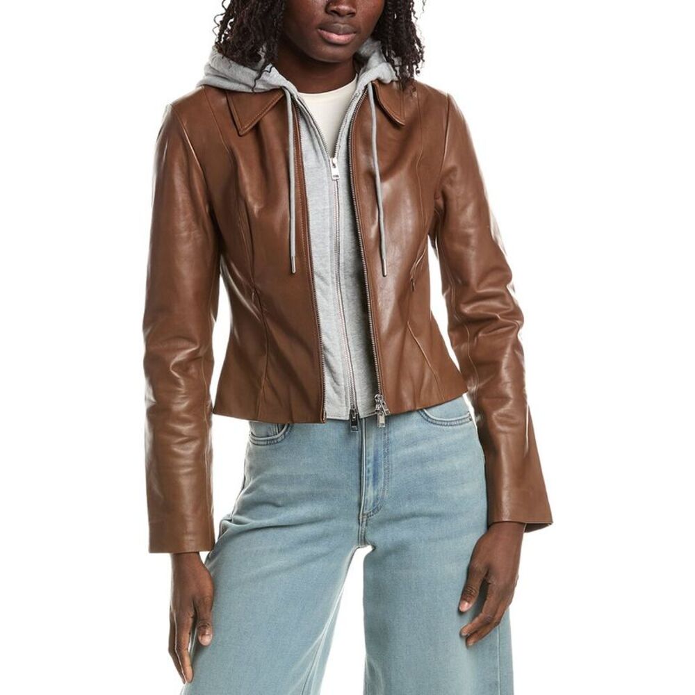 Lamarque Womens Removable Bib Leather Jacket, Brown